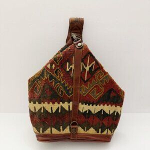 Yun Art Vintage Kilim Wool Carpet Sling Backpack Leather Trim Tribal Boho